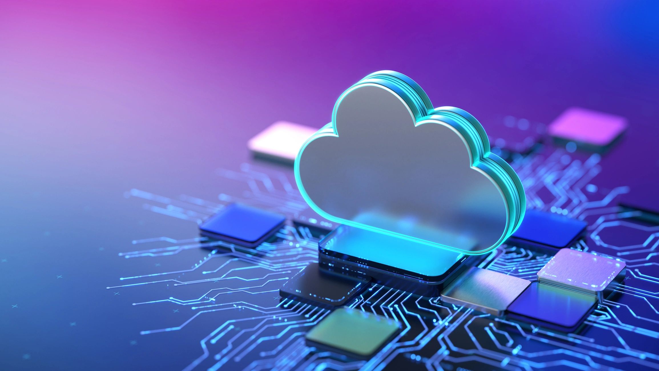 Cloud computing icon on a circuit board representing secure synchronization